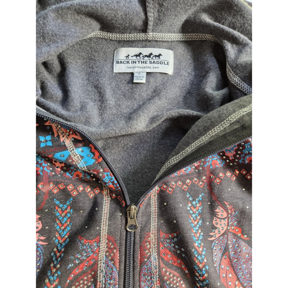 Back In The Saddle Women's Large Hooded Sweatshirt Grey W/Southwest Design - Picture 3 of 6